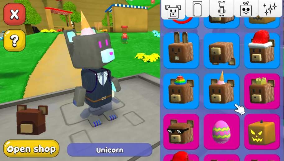 Super Bear Adventure mod apk guide: shop screen showing the Unicorn skin and other bear costumes
